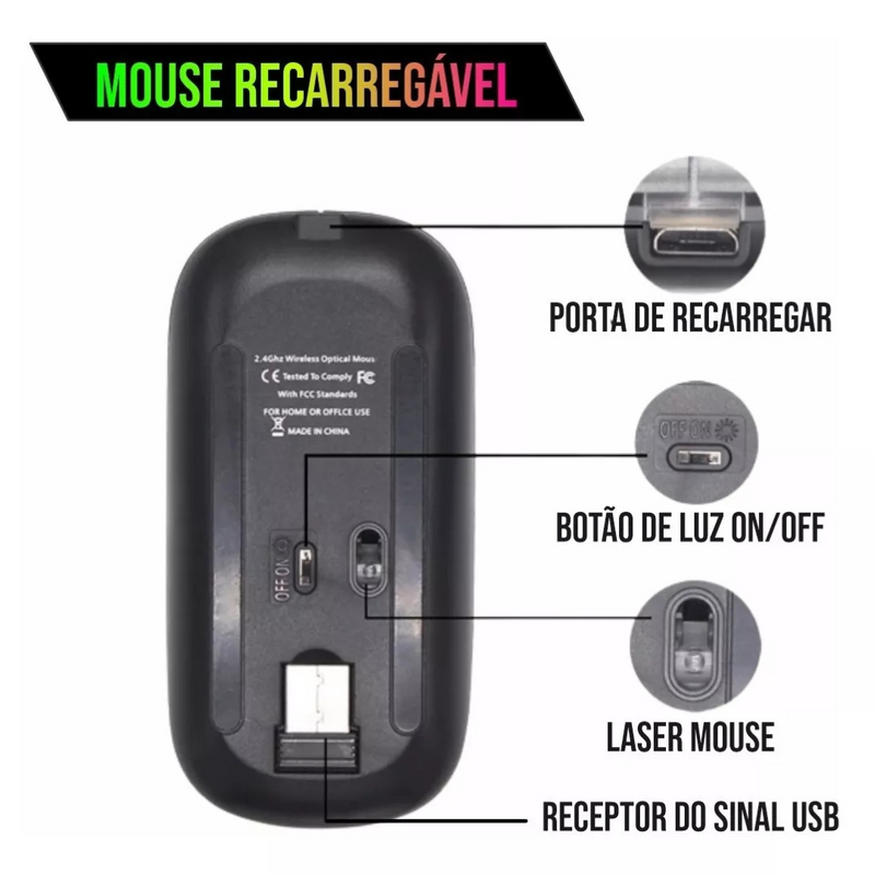 Mouse Sem Fio Bluetooth Recarregável LED