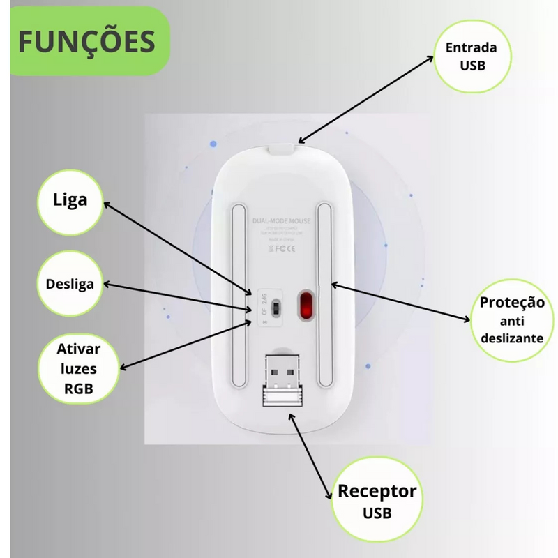 Mouse Sem Fio Bluetooth Recarregável LED