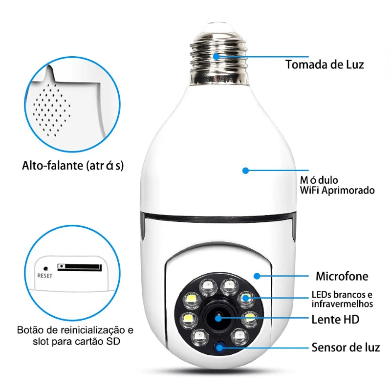 Câmera Lampada Wifi IP de Segurança 360 graus. Sem fio com encaixe bocal,Yosse/V380 ptz full visão noturna.